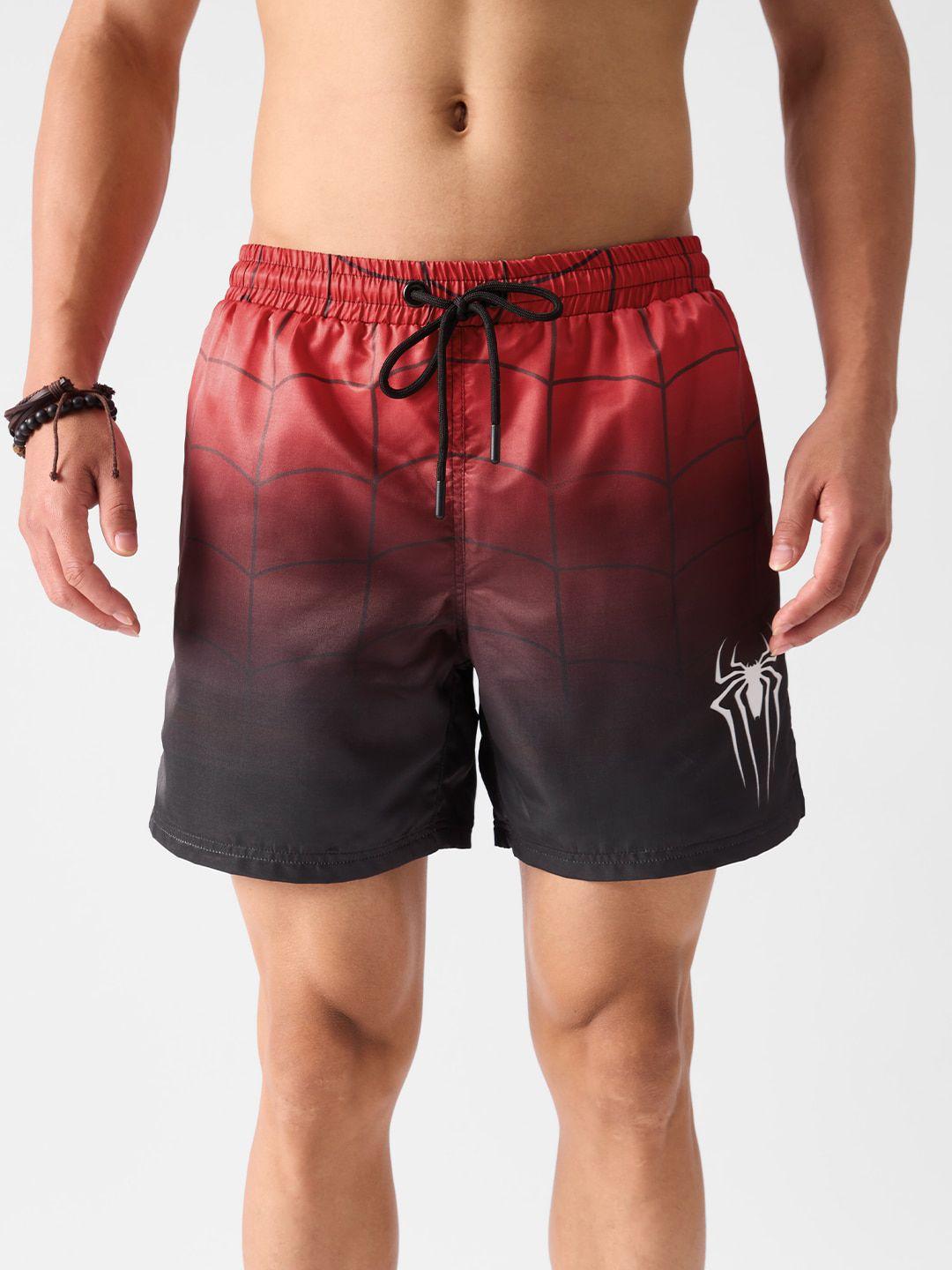 the souled store men red mid-rise spider-man printed sports shorts