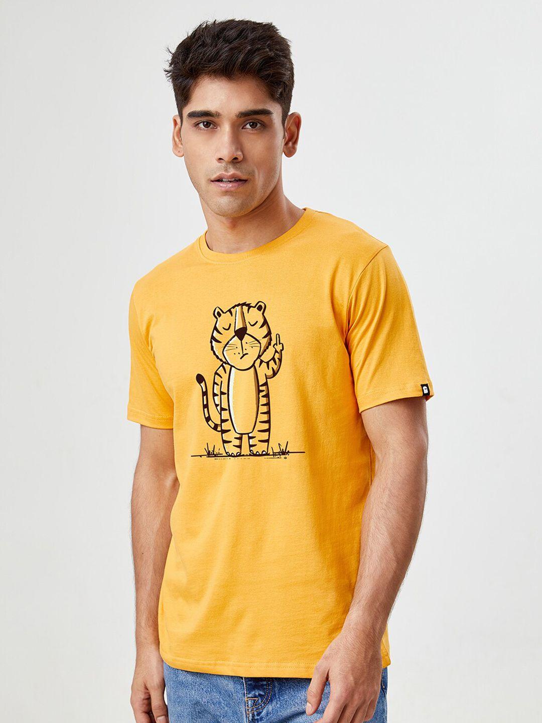 the souled store men yellow & golden cream printed applique t-shirt