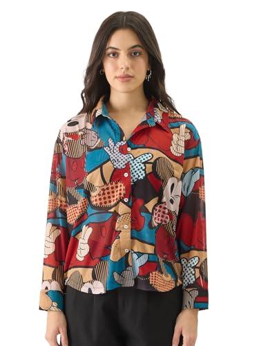 the souled store mesh shirt : mickey mouse abstract women and girls long sleeve collared neck button down multicolor all over printed cotton boyfriend shirts oversized loose fit shirts casual