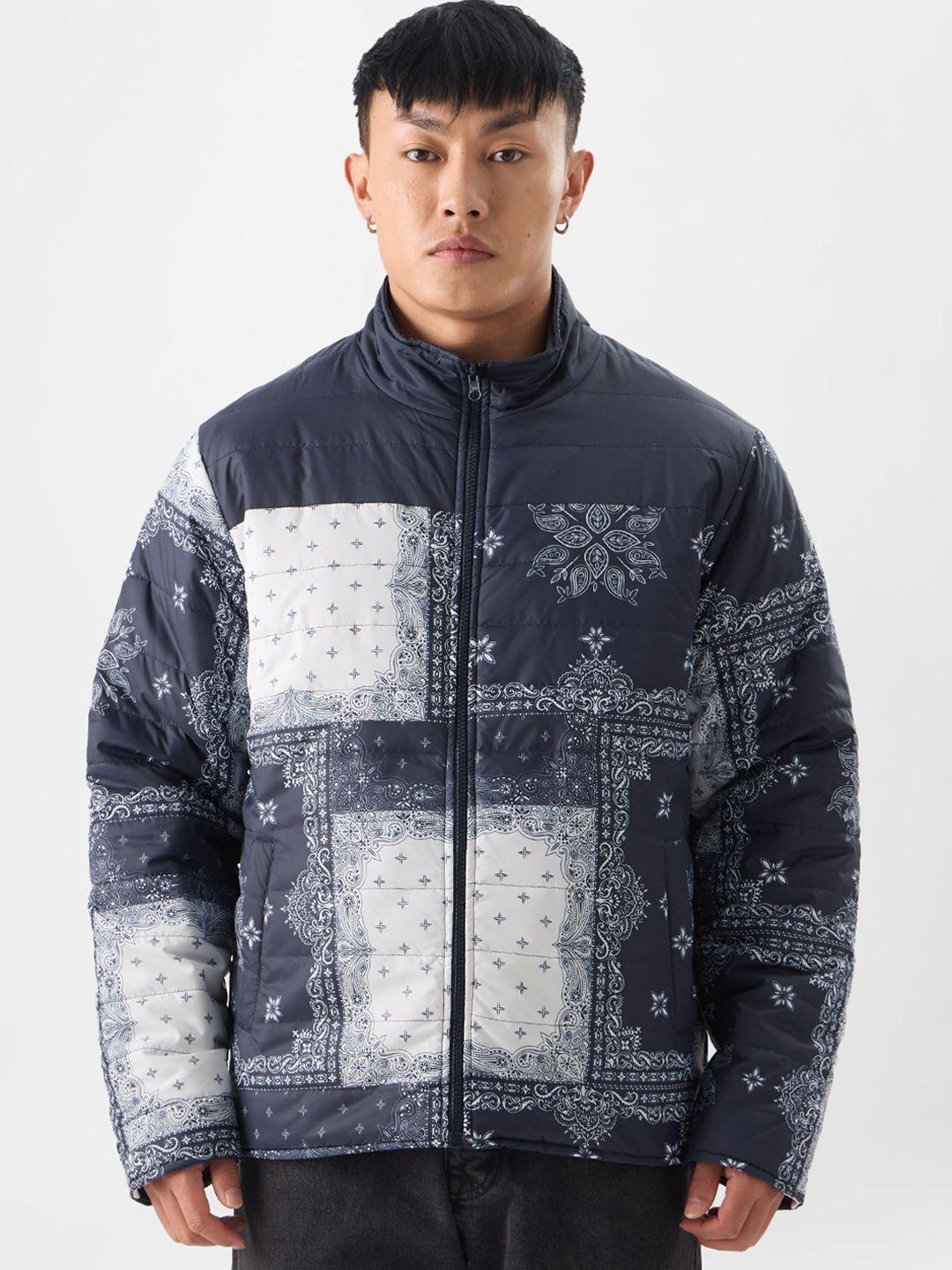 the souled store navy blue ethnic motif printed stand collar reversible puffer jacket