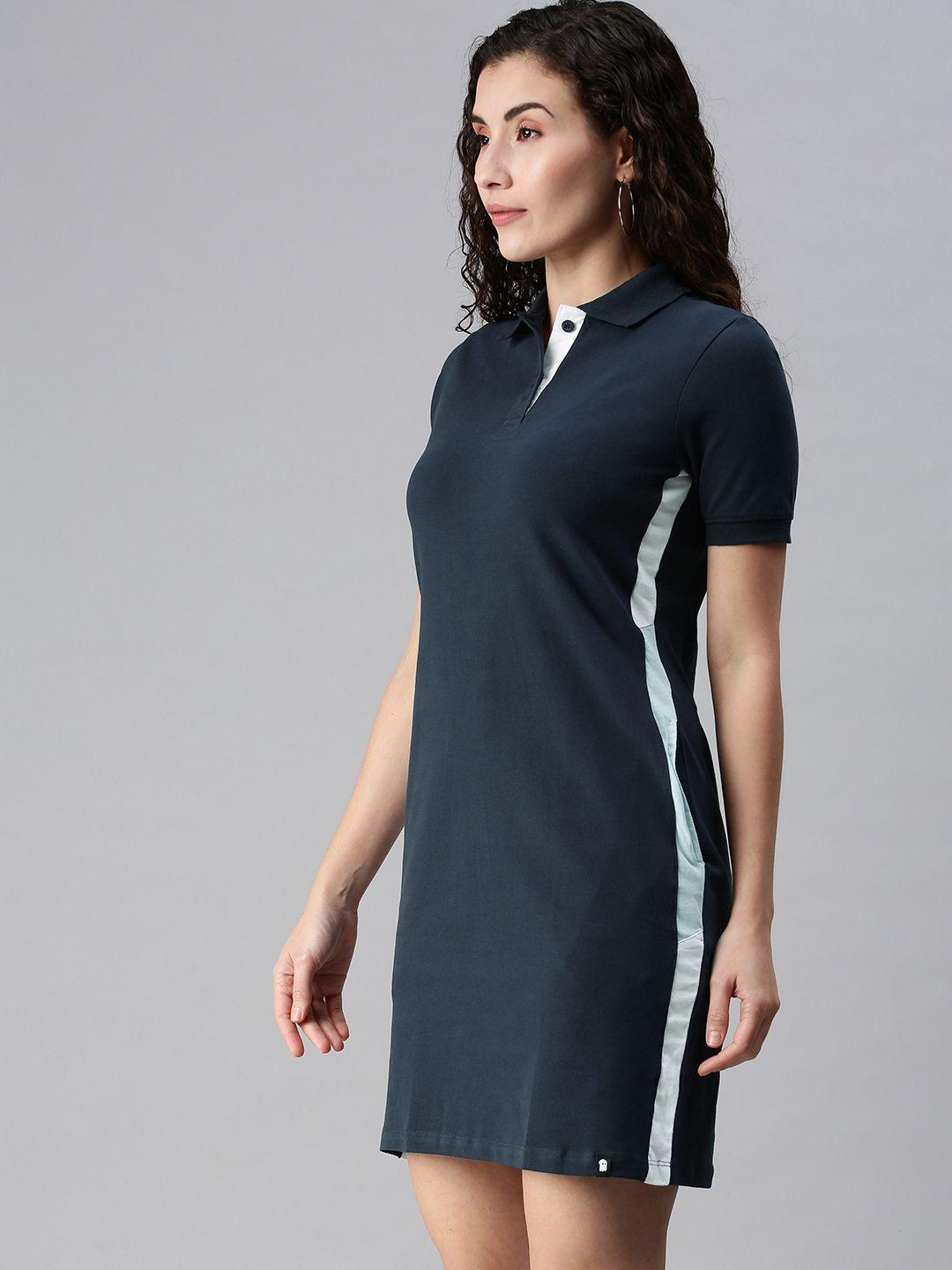 the souled store navy blue polo collar side striped t-shirt dress