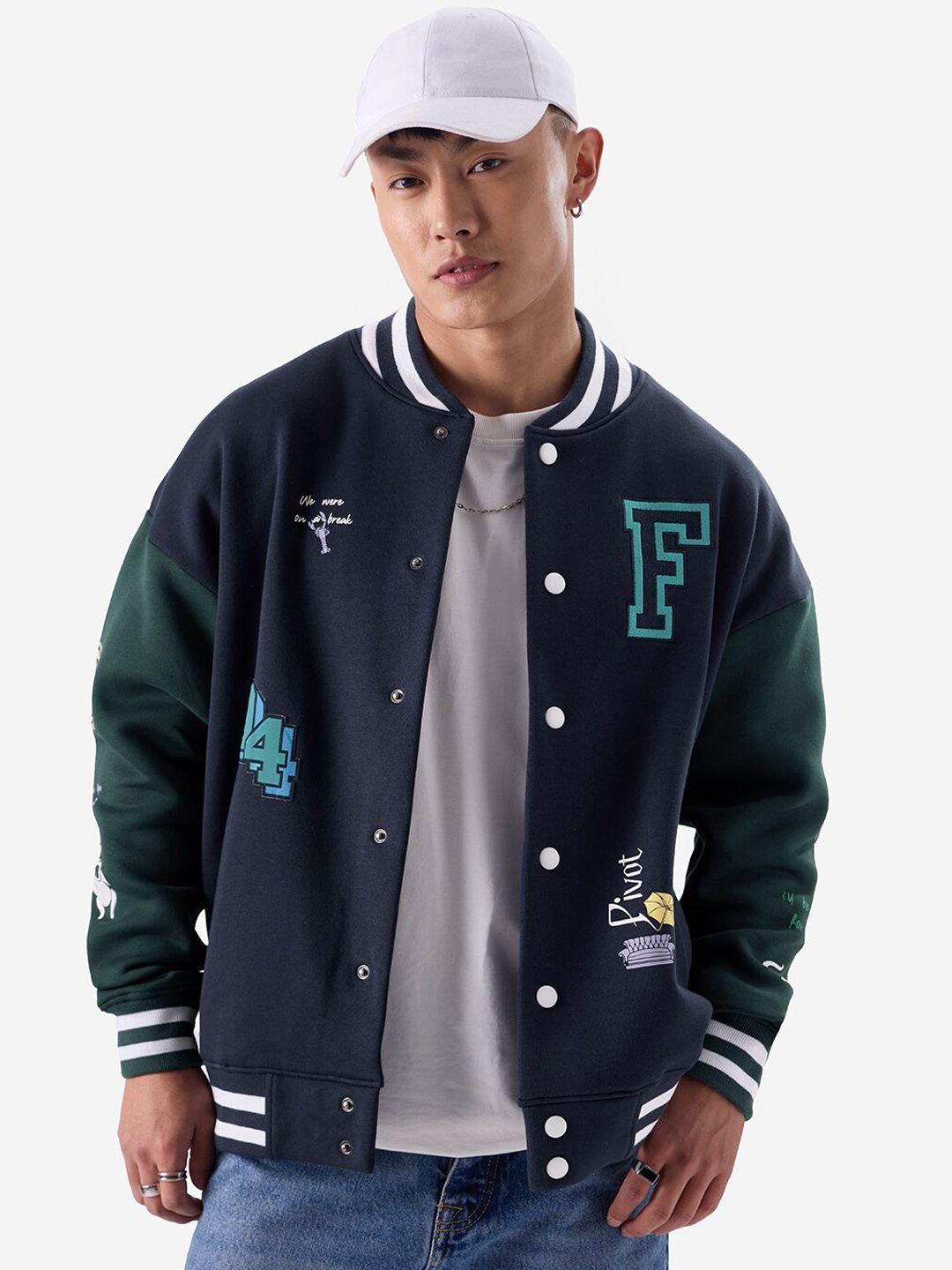 the souled store navy blue typography printed stand collar lightweight bomber jacket