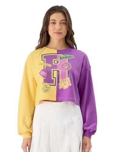 the souled store official archie: for riverdale women and girls yellow and purple graphic print round neck oversized fit full sleeves tops graphic tops casual fashion full sleeves round neck printed