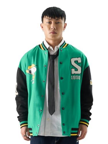 the souled store official peanuts: homerun men and boys long sleeve button front green graphic print oversized fit varsity jacket