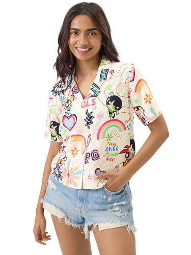 the souled store official powerpuff girls: sugar & spice women and girls short sleeve collared neck button front multicolor all over print regular fit rayon summer shirts