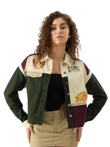 the souled store official the lion king: pride of the jungle women and girls long sleeve button front multicolor graphic print cotton oversized fit denim jackets