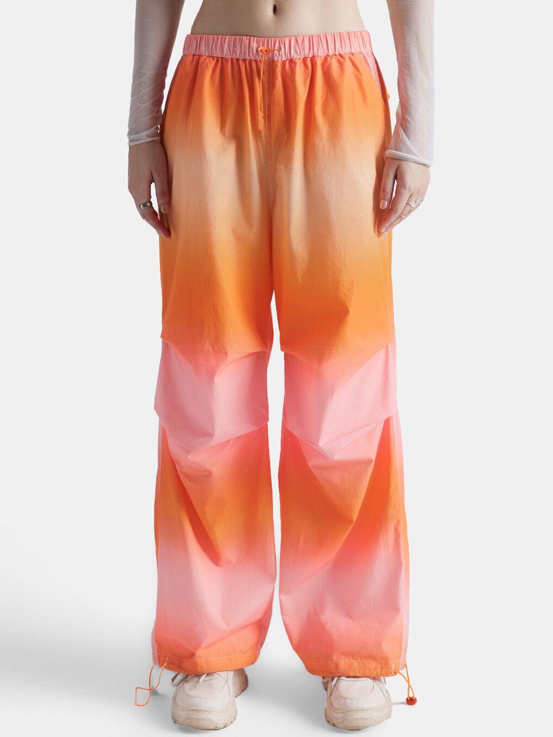 the souled store orange & pink women dyed cotton relaxed fit joggers
