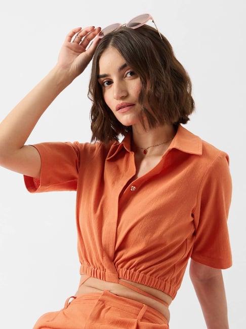 the souled store orange cotton cropped shirt