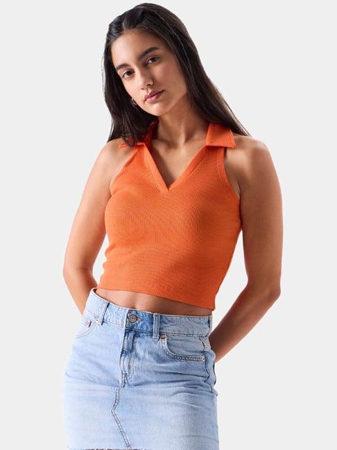 the souled store orange cotton striped crop top