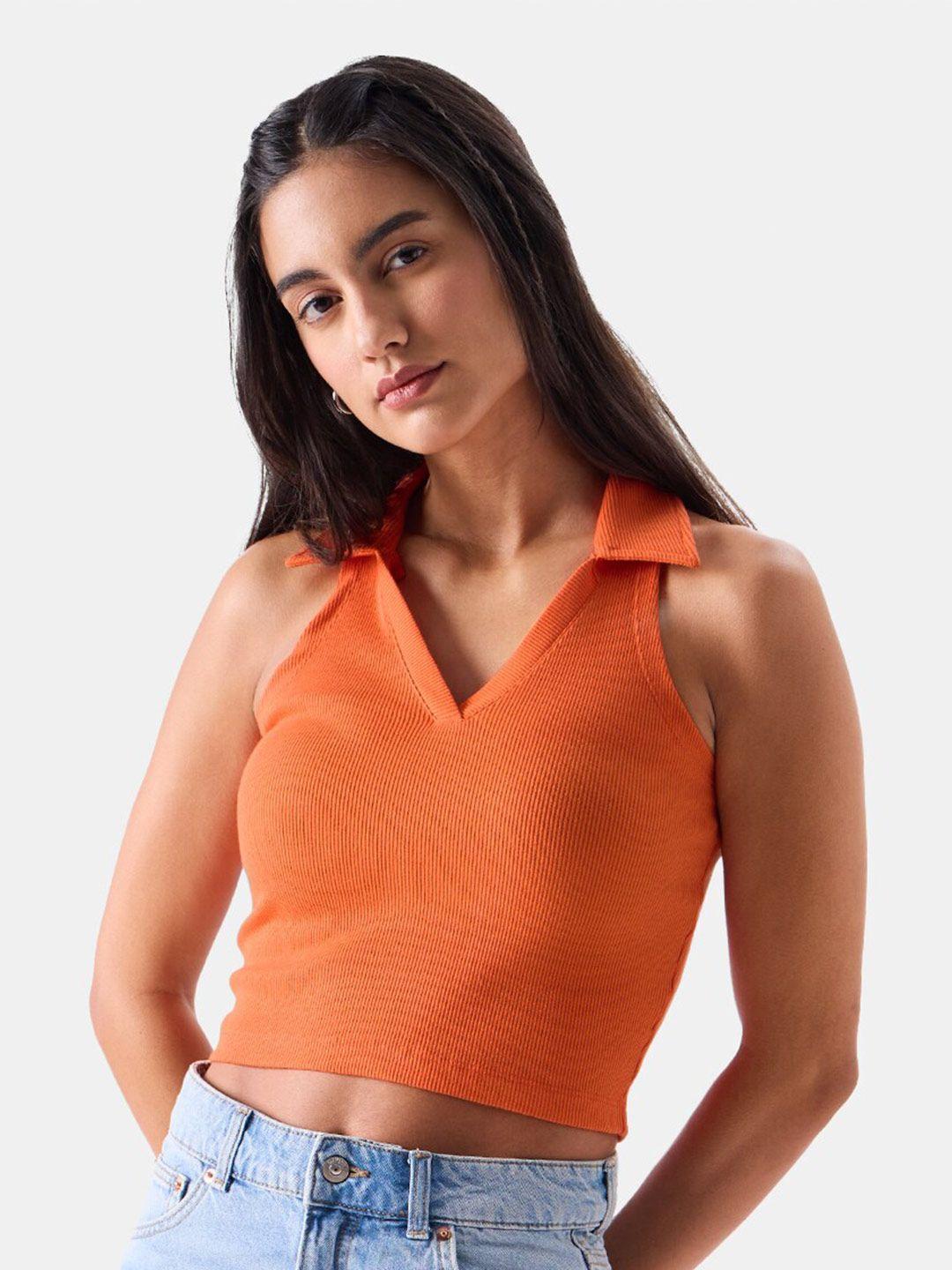 the souled store orange v-neck crop fitted top