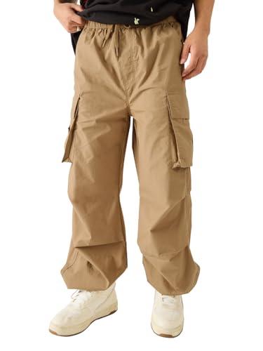 the souled store parachute pants: tan brown men and boys elasticated toggles leg closure mid rise cotton pants…