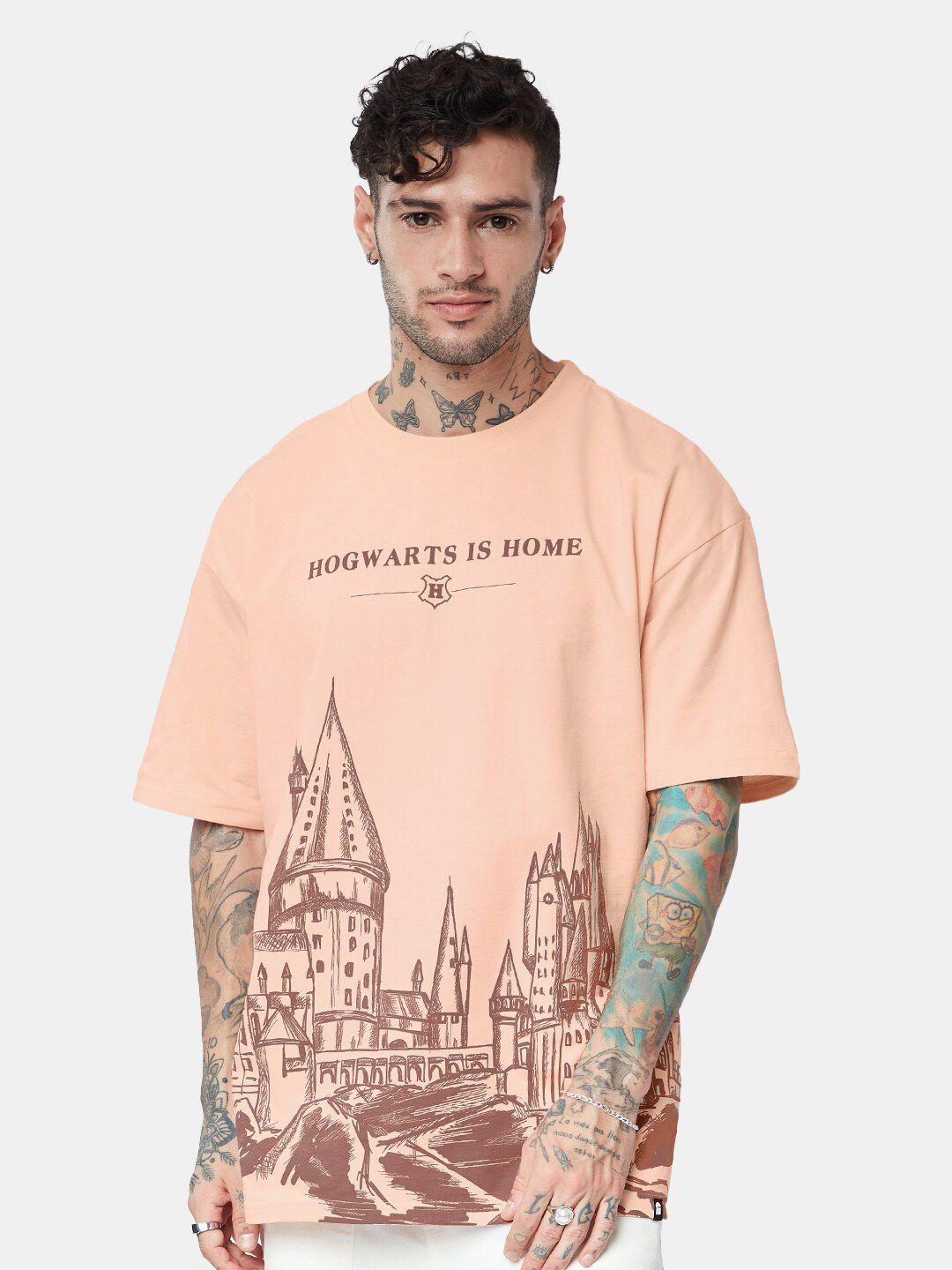 the souled store peach & brown graphic printed harry potter oversized t-shirt