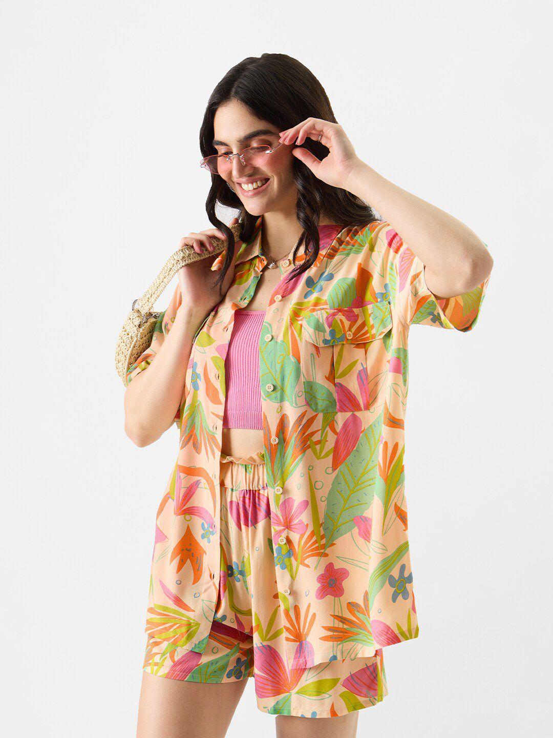 the souled store peach-coloured floral-printed shirt with shorts co-ords