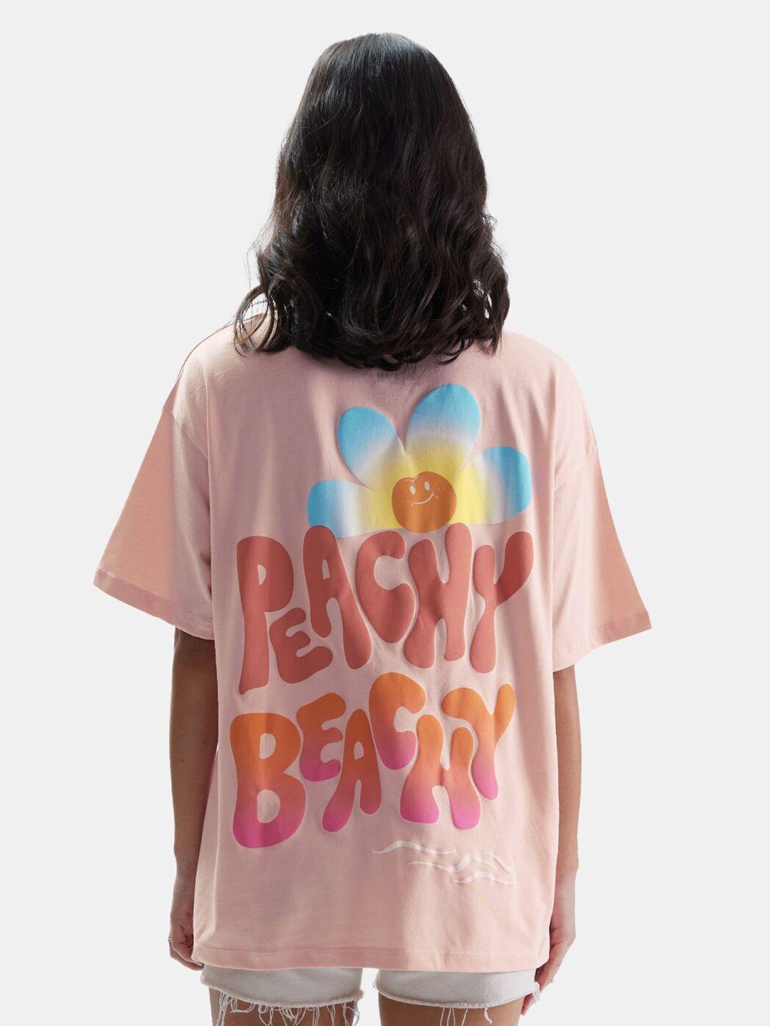 the souled store peach-coloured typography printed oversized pure cotton t-shirt