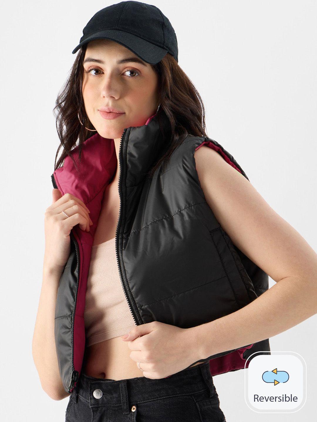 the souled store pink & black reversible crop puffer jacket