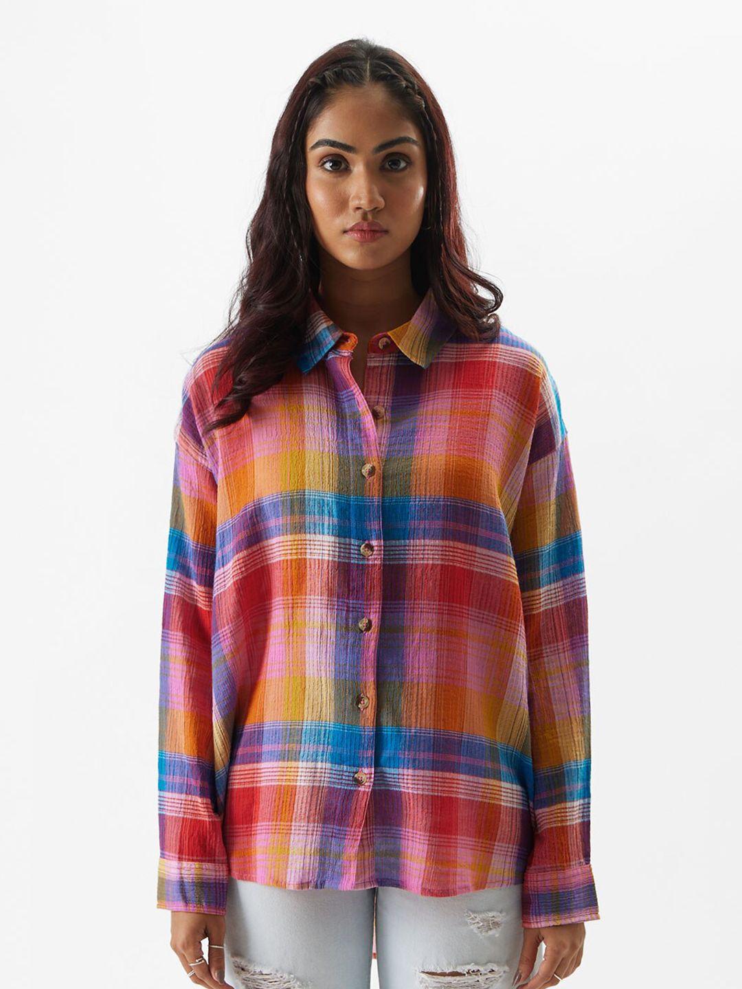 the souled store pink & blue horizontal striped oversized pure cotton casual shirt