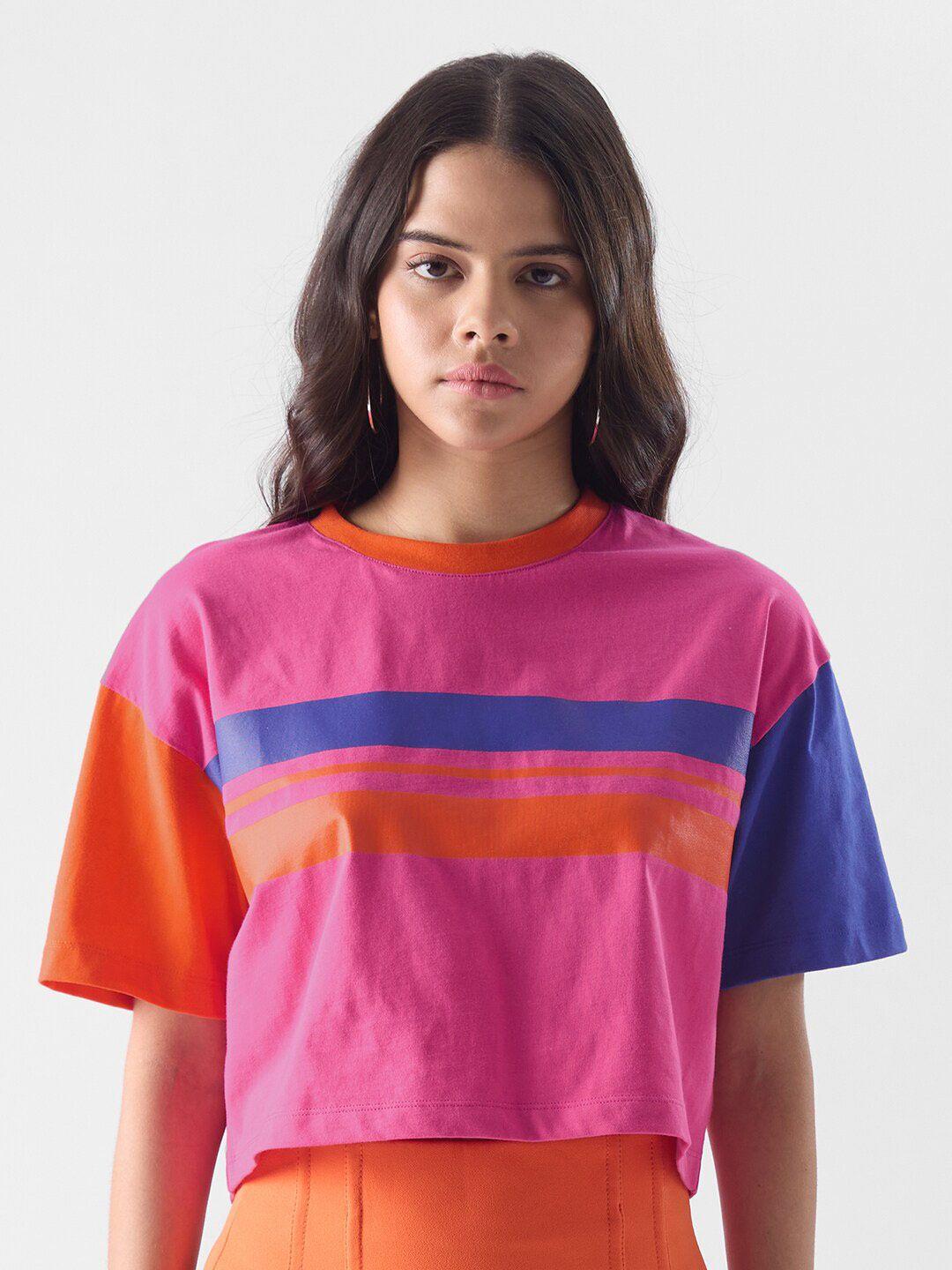 the souled store pink & blue striped drop shoulder sleeves oversized pure cotton t-shirt