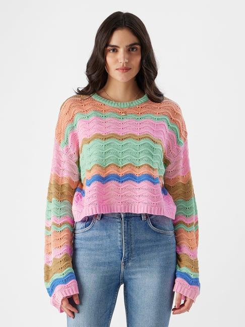 the souled store pink & green embroidered oversized sweater