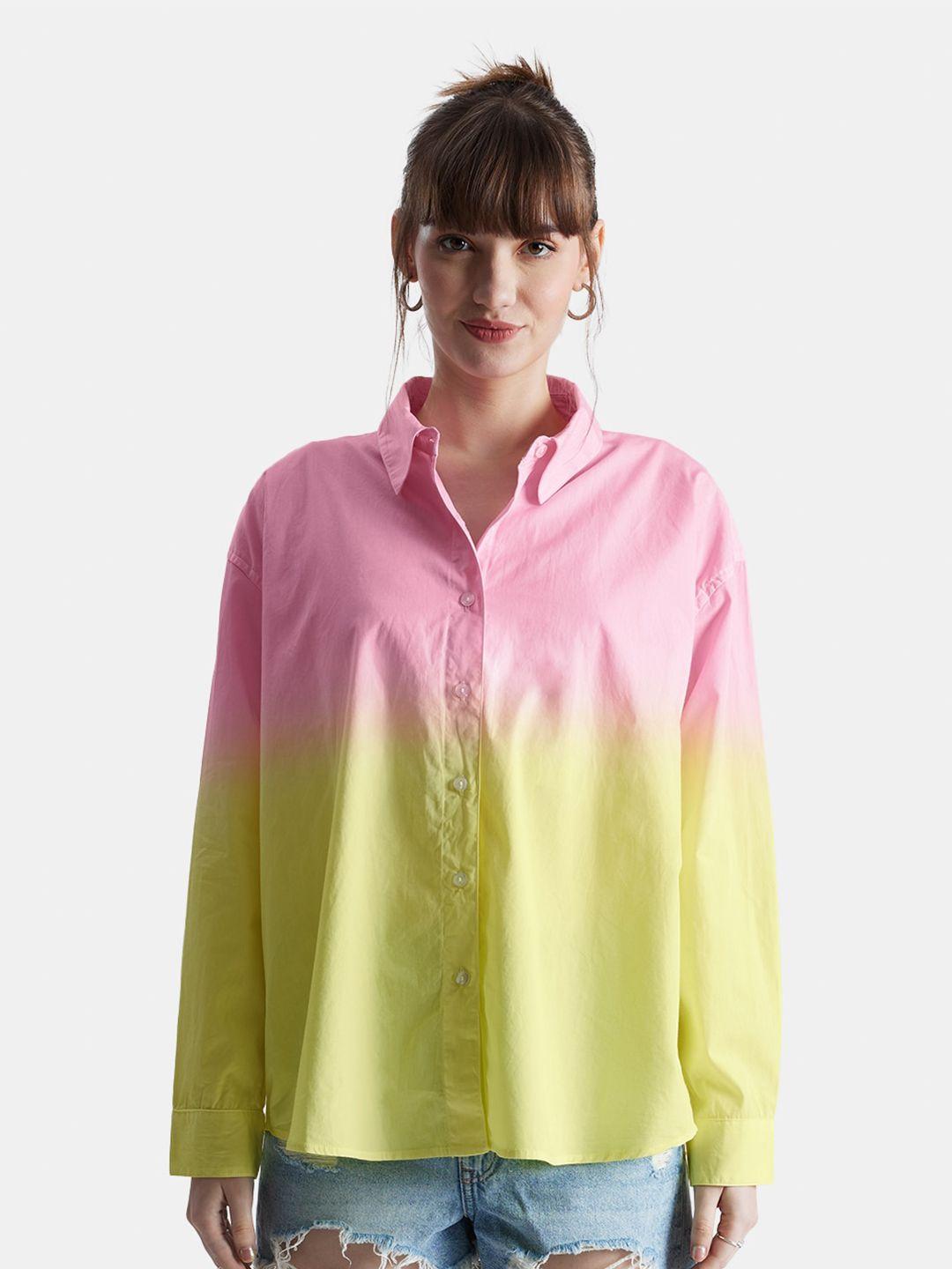 the souled store pink and yellow relaxed boxy tie & dyed pure cotton casual shirt