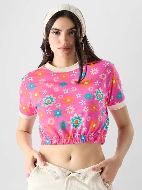 the souled store pink cotton floral print crop top