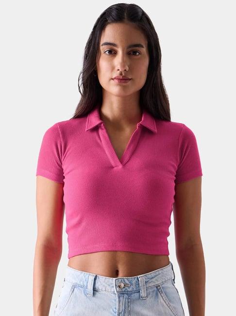 the souled store pink cotton striped crop top