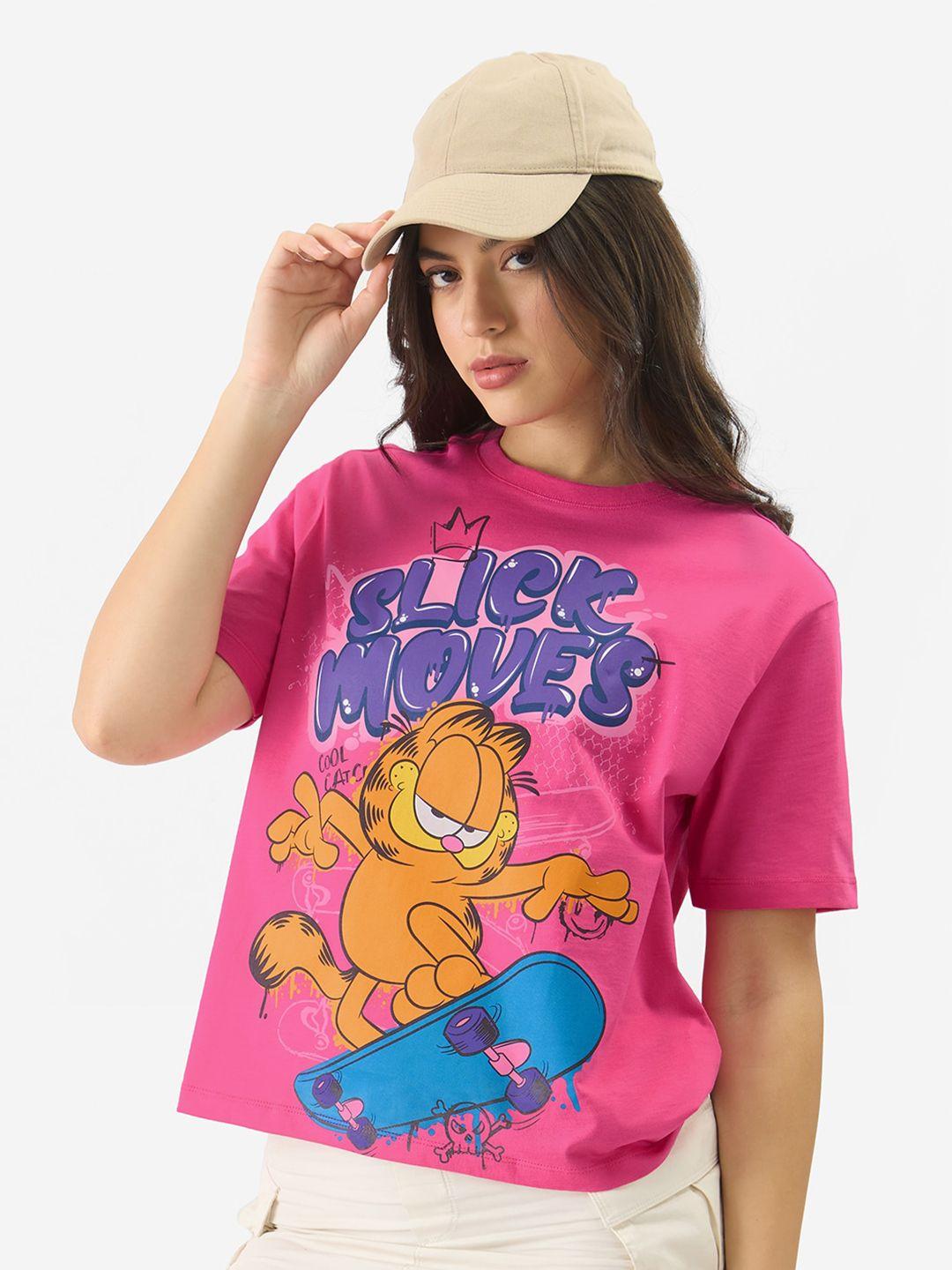 the souled store pink garfield graphic printed relaxed fit pure cotton t-shirt