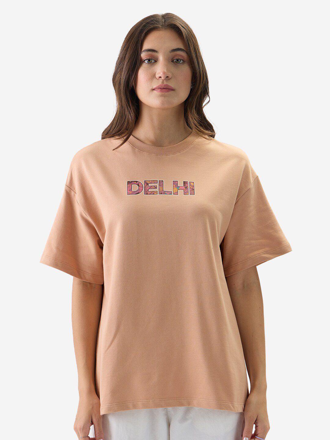 the souled store pink graphic printed drop-shoulder sleeves pure cotton oversized t-shirt