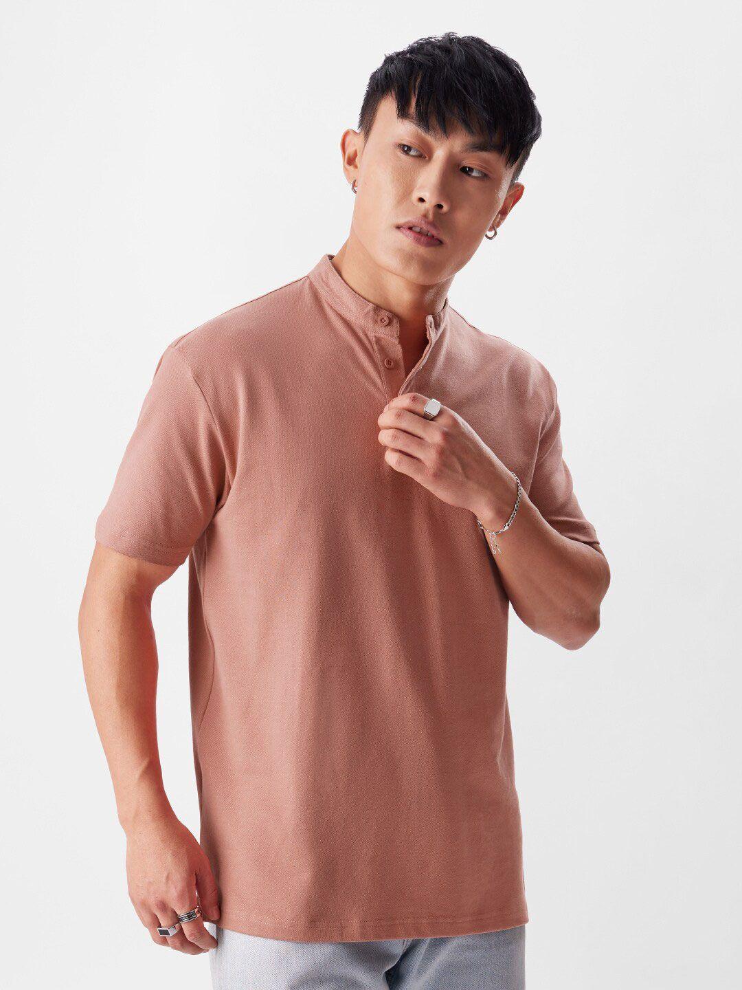 the souled store pink henley neck pure cotton t-shirt