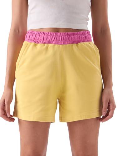 the souled store pink lemonade women regular fit solid yellow color cotton lounge shorts sweatshorts women's sweat shorts athletic lounge gym running workout french terry cotton drawstring elastic