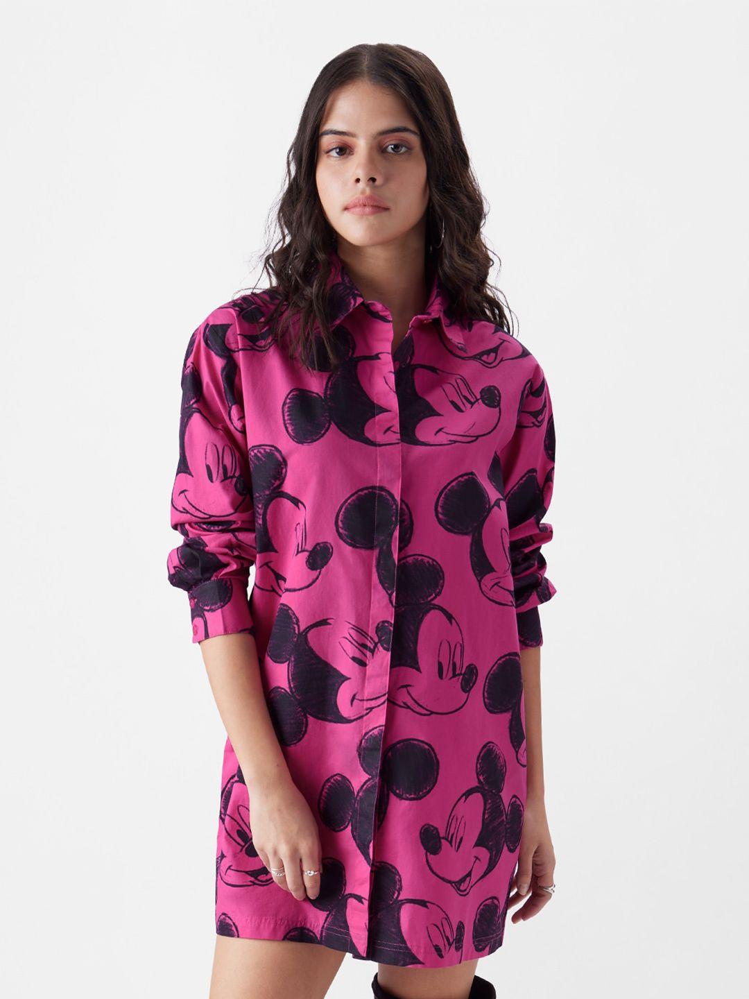 the souled store pink mickey mouse printed pure cotton shirt mini dress