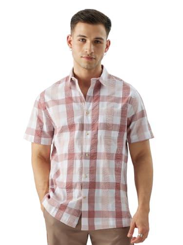 the souled store plaid: pink and white half sleeve men and boys regular fit 100% cotton button down shirts shirts casual button-down half sleeve printed graphic short sleeve casual workwear