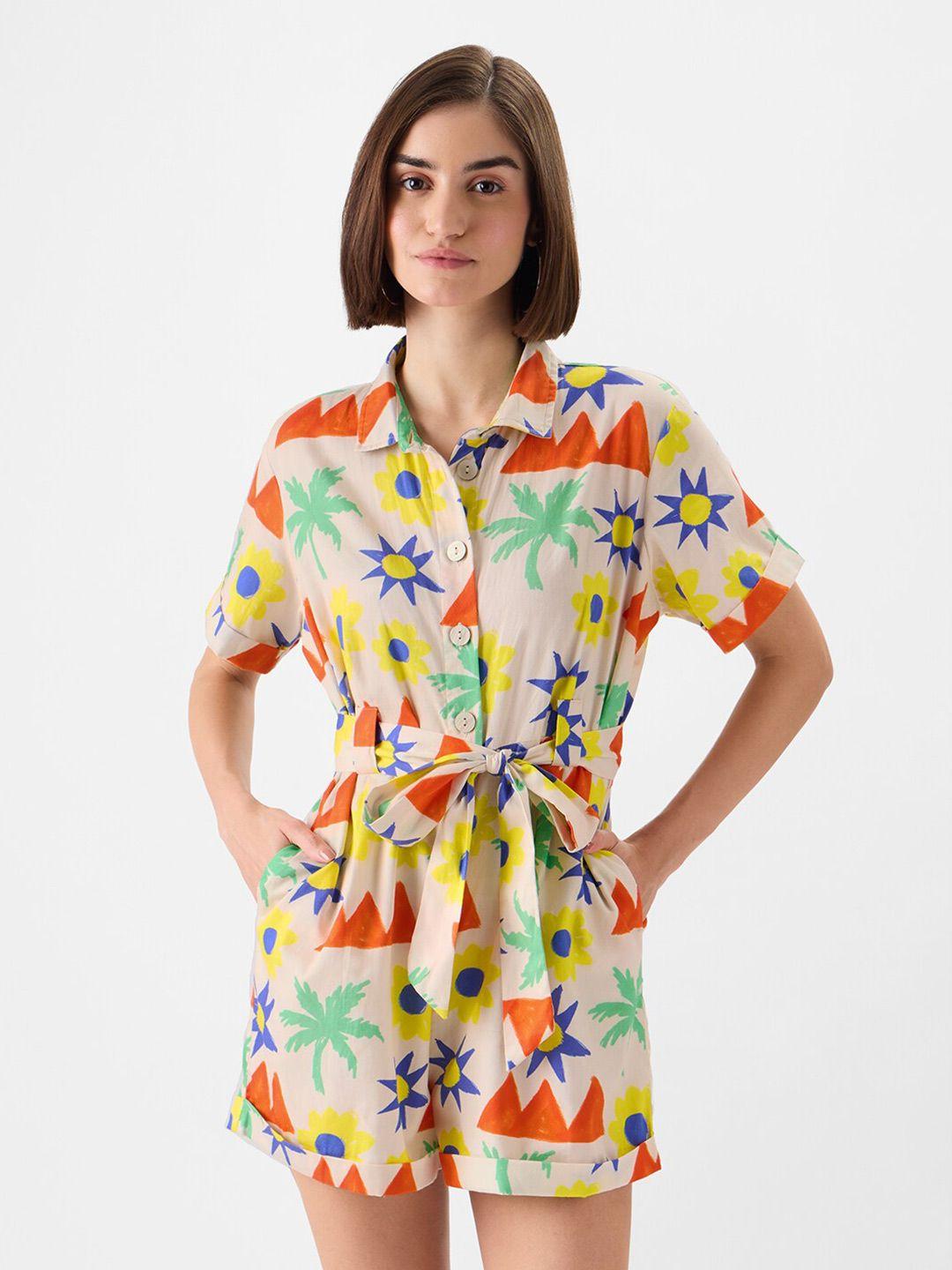 the souled store printed shirt collar pure cotton playsuit