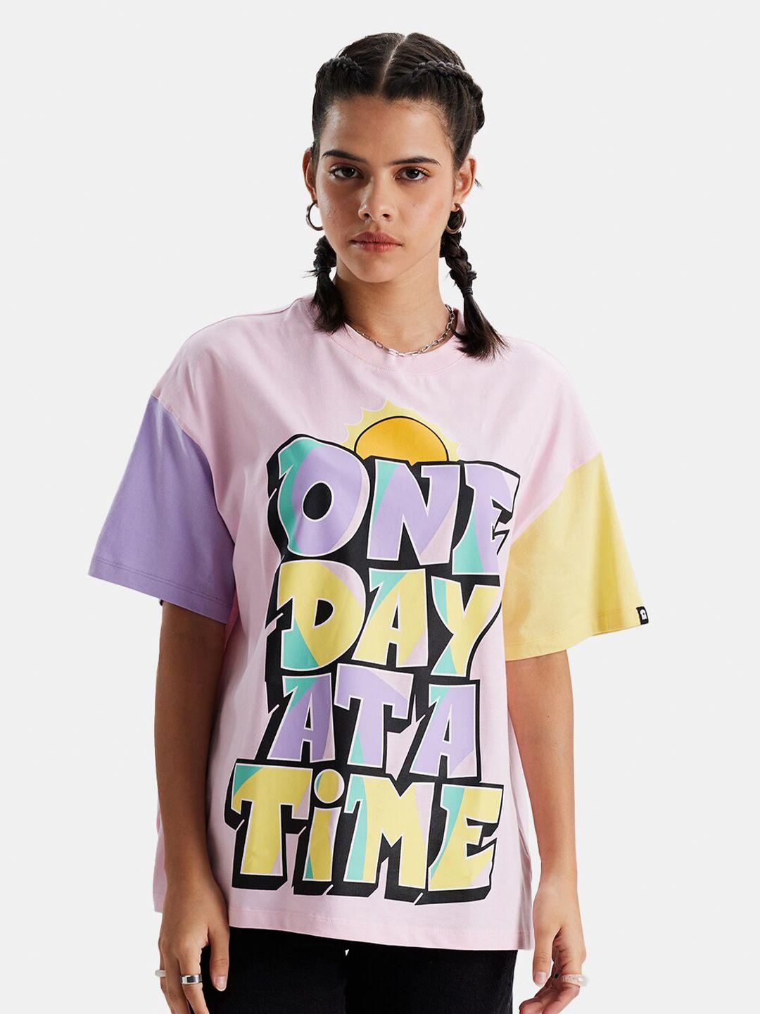 the souled store purple & yellow typography printed pure cotton oversized fit t-shirt