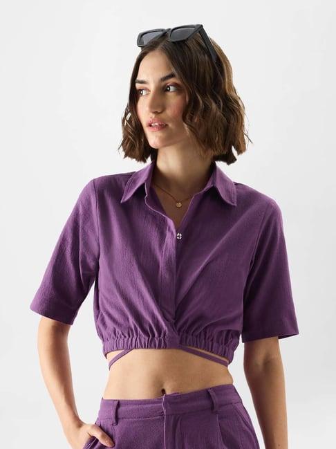 the souled store purple cotton cropped shirt