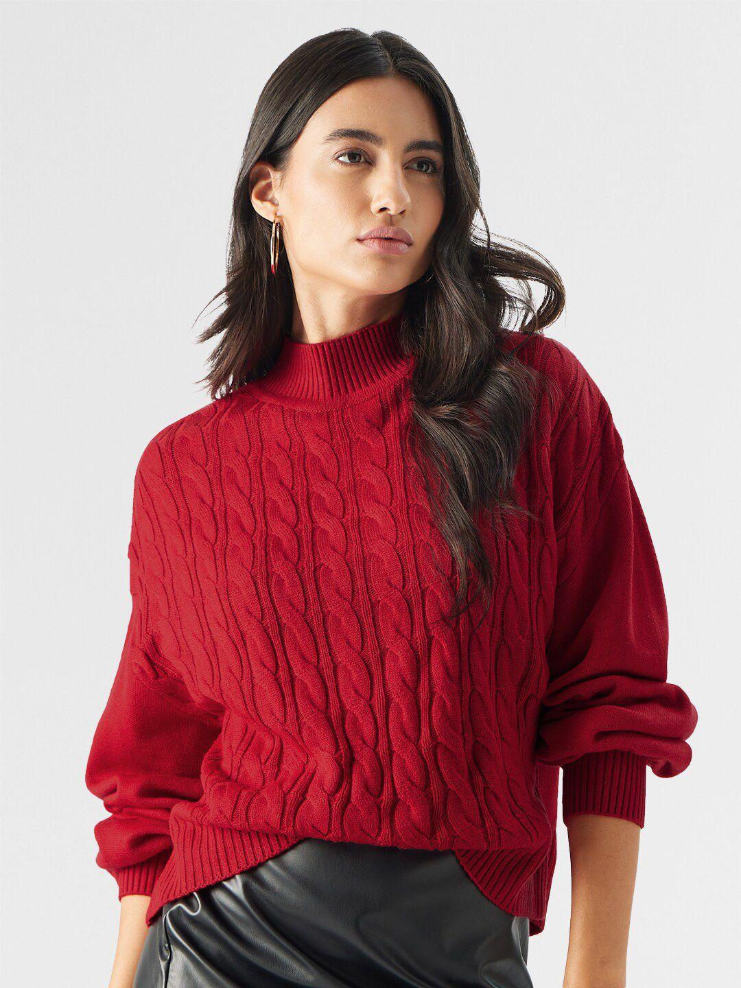 the souled store red cable knit mock collar long sleeves acrylic pullover sweater