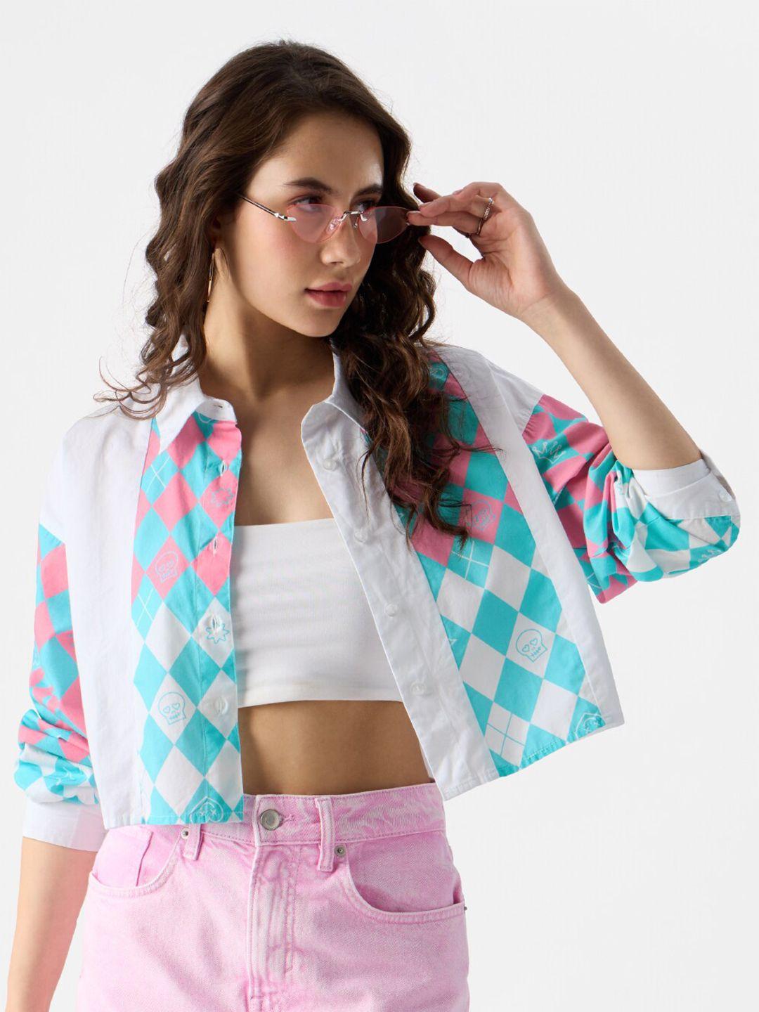 the souled store relaxed geometric printed pure cotton crop casual shirt