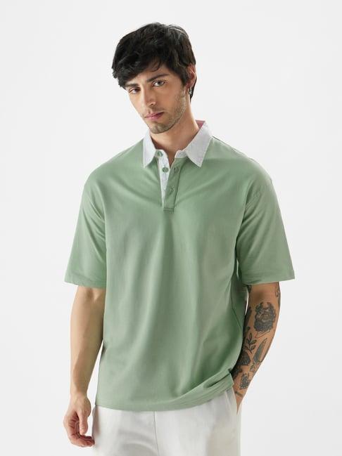 the souled store sage green cotton loose fit polo t-shirts