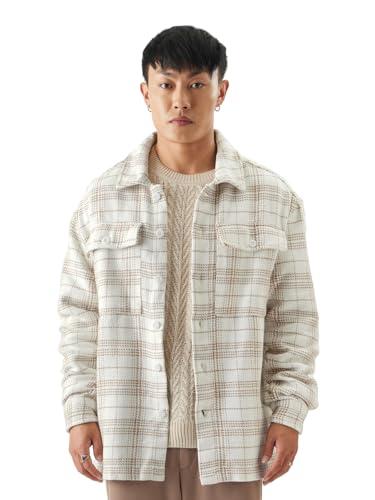 the souled store shacket: ivory buff men and boys long sleeve collared neck button front plaid cotton blend shackets