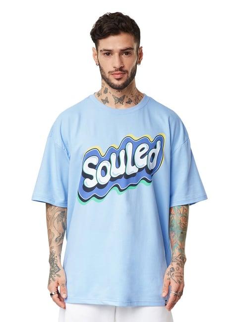 the souled store sky blue loose fit printed oversized crew t-shirt