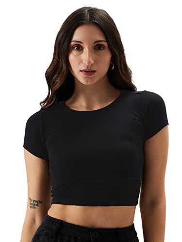 the souled store solids: black women and girls regular fit half sleeve cotton and lycra black color women cropped tops