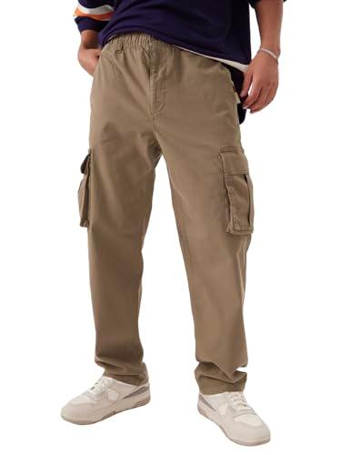 the souled store solids: deep tan men and boys buttoned cottton blend straight fit cargo pants