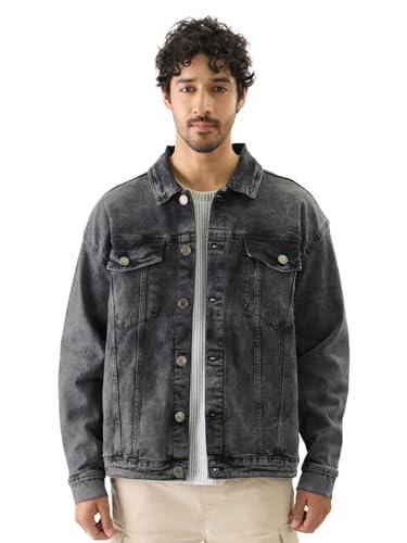 the souled store solids: ebony oversized fit long sleeve collared neck button front denim jackets for men and boys - classic and versatile outerwear essentials