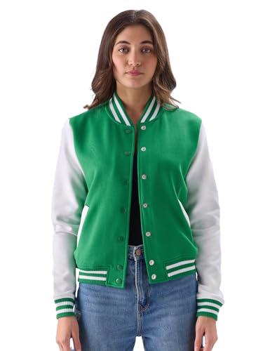 the souled store solids: green, white (colourblock) women varsity jackets jackets winter coats outerwear bomber puffer windbreaker hooded quilted lightweight warm stylish fashionable casual trendy