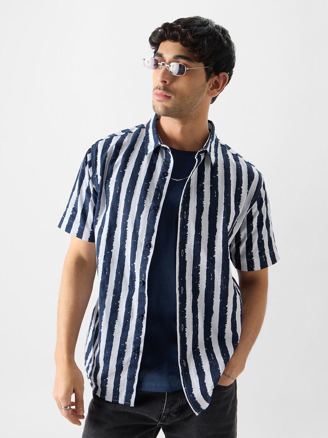 the souled store spread collar short sleeves cotton striped casual shirt