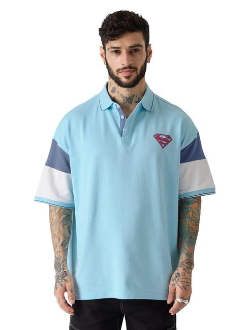 the souled store superman: graphic print sky blue loose fit oversized polo t-shirt