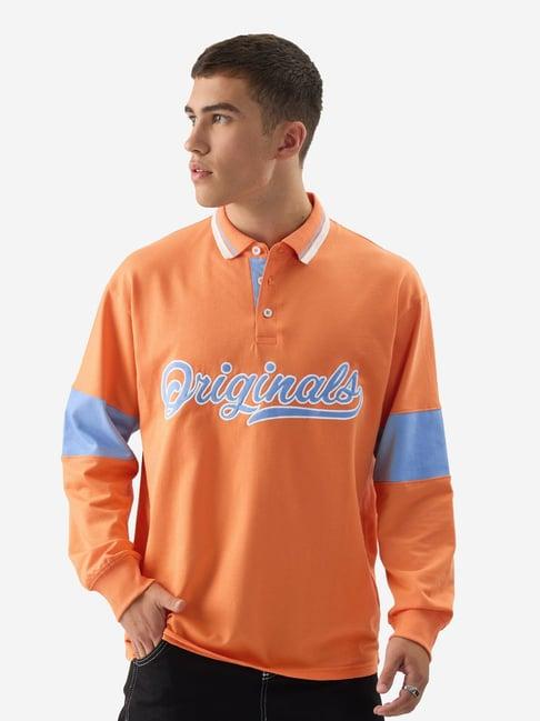 the souled store tangelo orange boxy fit embroidered polo t-shirt