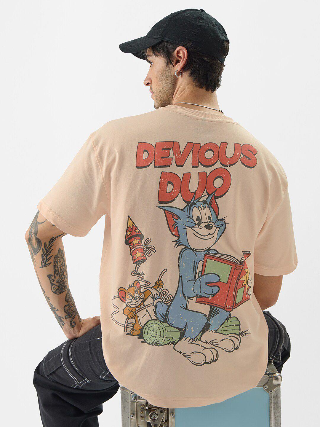 the souled store tom & jerry printed cotton drop-shoulder sleeves oversized t-shirt