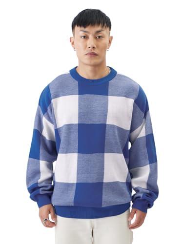 the souled store tss originals: blue checks long sleeve round neck men and boys oversized fit pullovers oversized pullover sweaters pullovers round neck plaid checks printed solid blocks casual warm