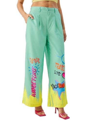 the souled store wanderlust women and girls green graphic printed cotton blend straight fit mid rise pants