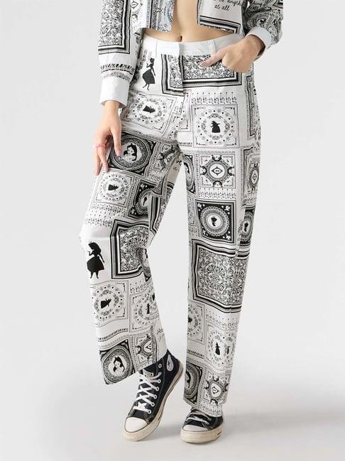 the souled store white & black printed flared pants